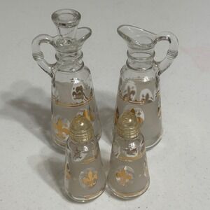 Anchor Hocking Fleur De Lis Cruet Shaker Set Frosted Gold Glass Vintage 4pc